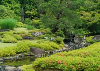 對龍山荘　南からの渓流とせせらぎが大池に注ぎ込む